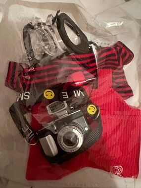 Red Striped Labubu outfit with mini camera